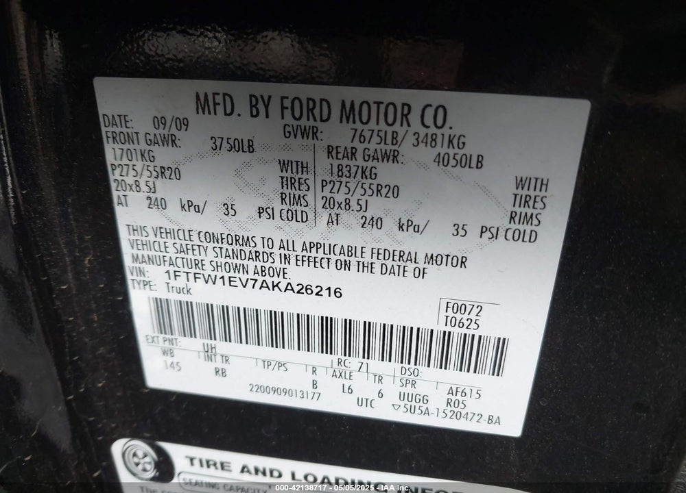 2010 FORD F-150 VIN: 1FTFW1EV7AKA26216