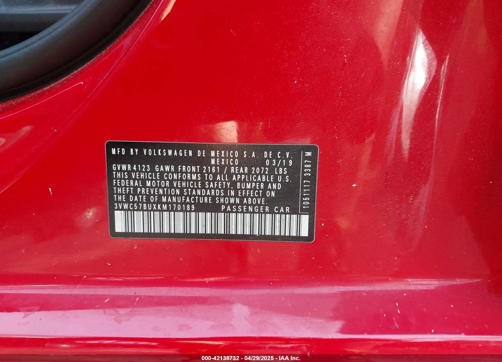 2019 VOLKSWAGEN JETTA VIN: 3VWC57BUXKM170189