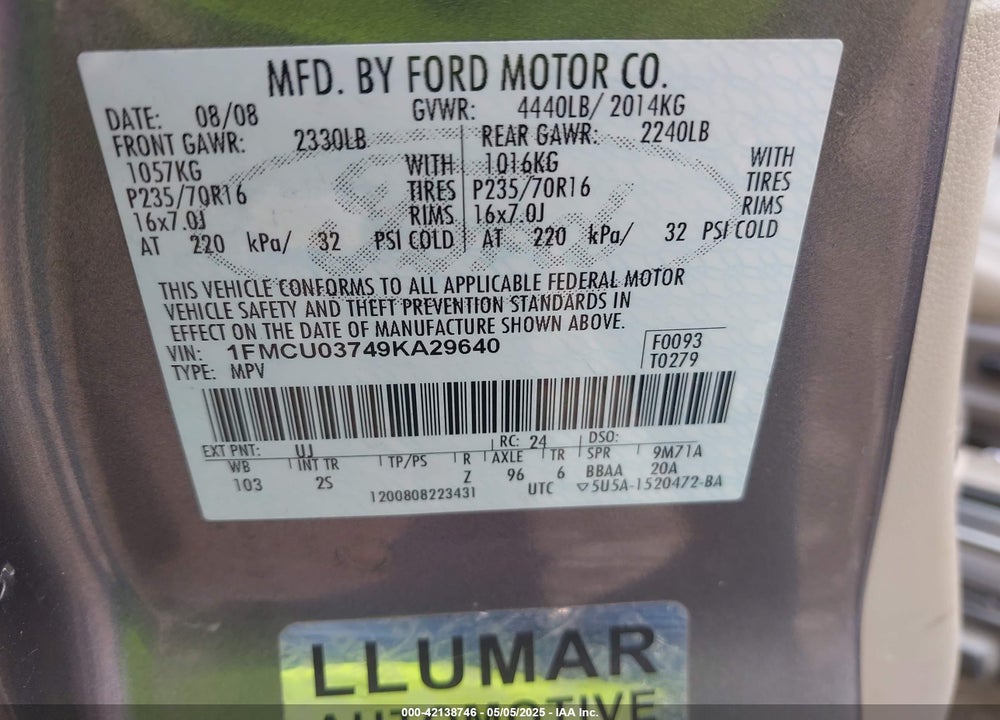 2009 FORD ESCAPE VIN: 1FMCU03749KA29640
