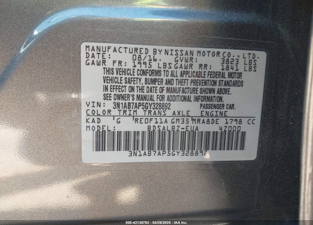 2016 NISSAN SENTRA VIN: 3N1AB7AP5GY328892