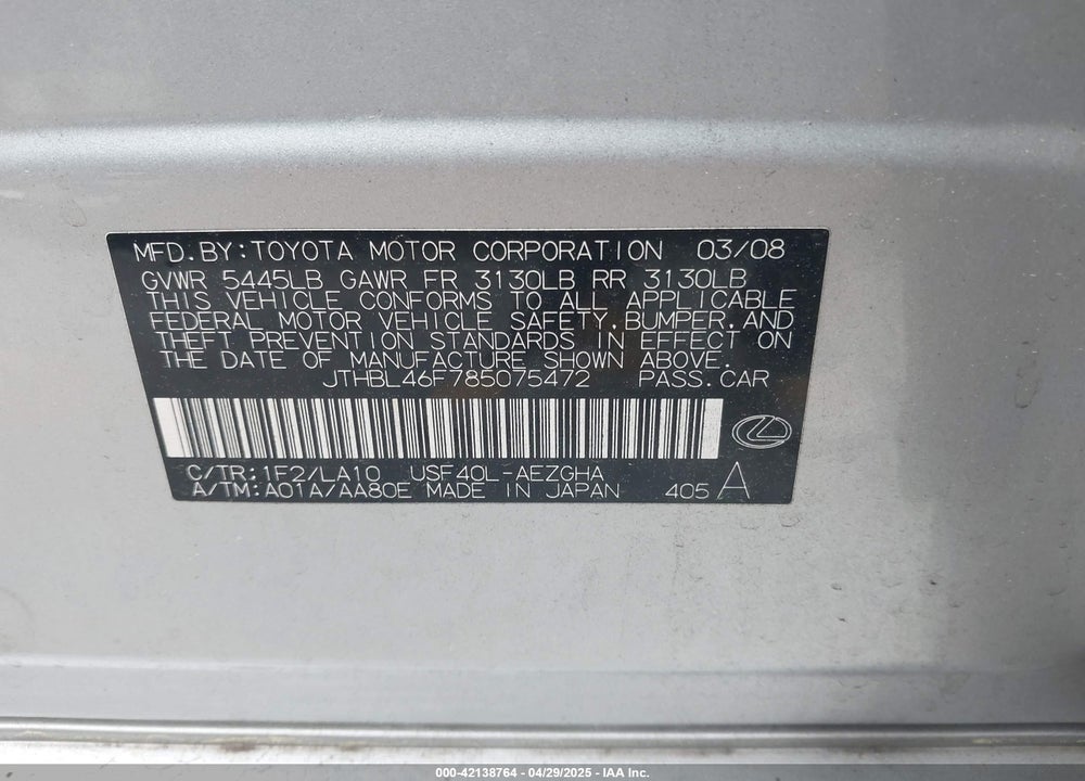 2008 LEXUS LS 460 VIN: JTHBL46F785075472