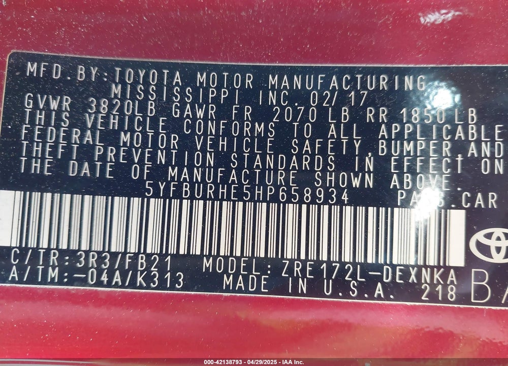 2017 TOYOTA COROLLA VIN: 5YFBURHE5HP658934
