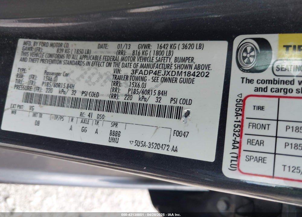 2013 FORD FIESTA VIN: 3FADP4EJXDM184202