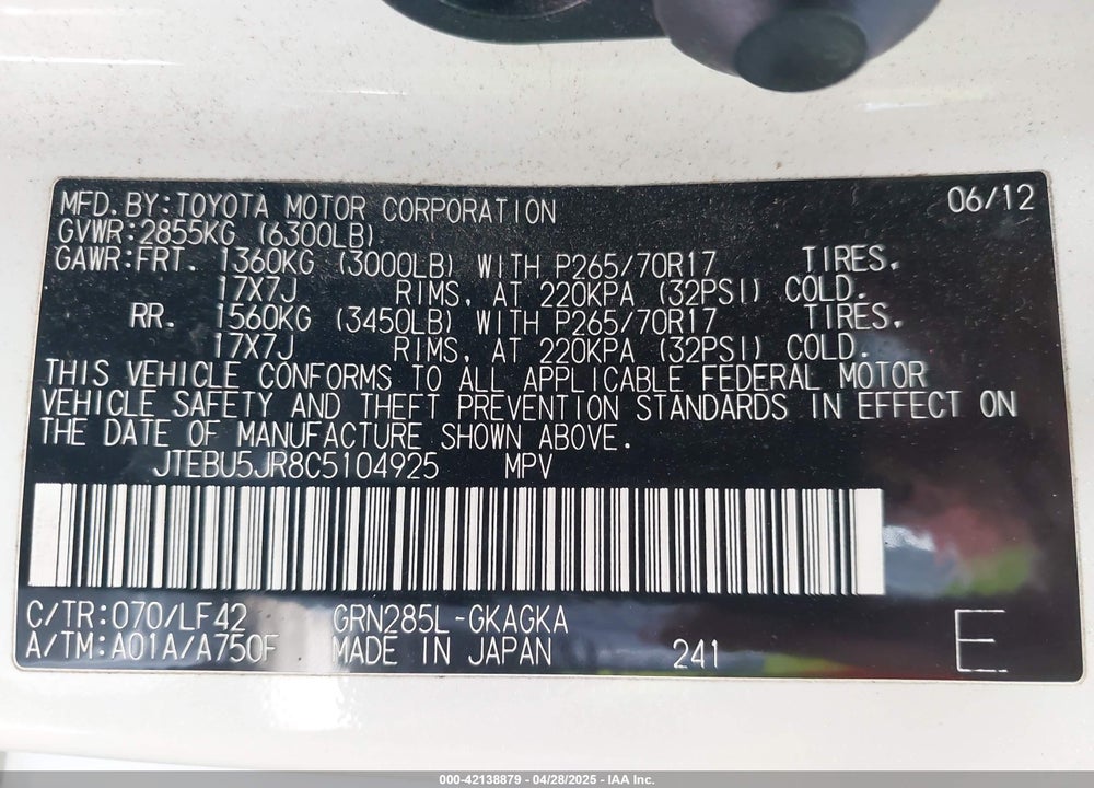2012 TOYOTA 4RUNNER SR5 VIN: JTEBU5JR8C5104925