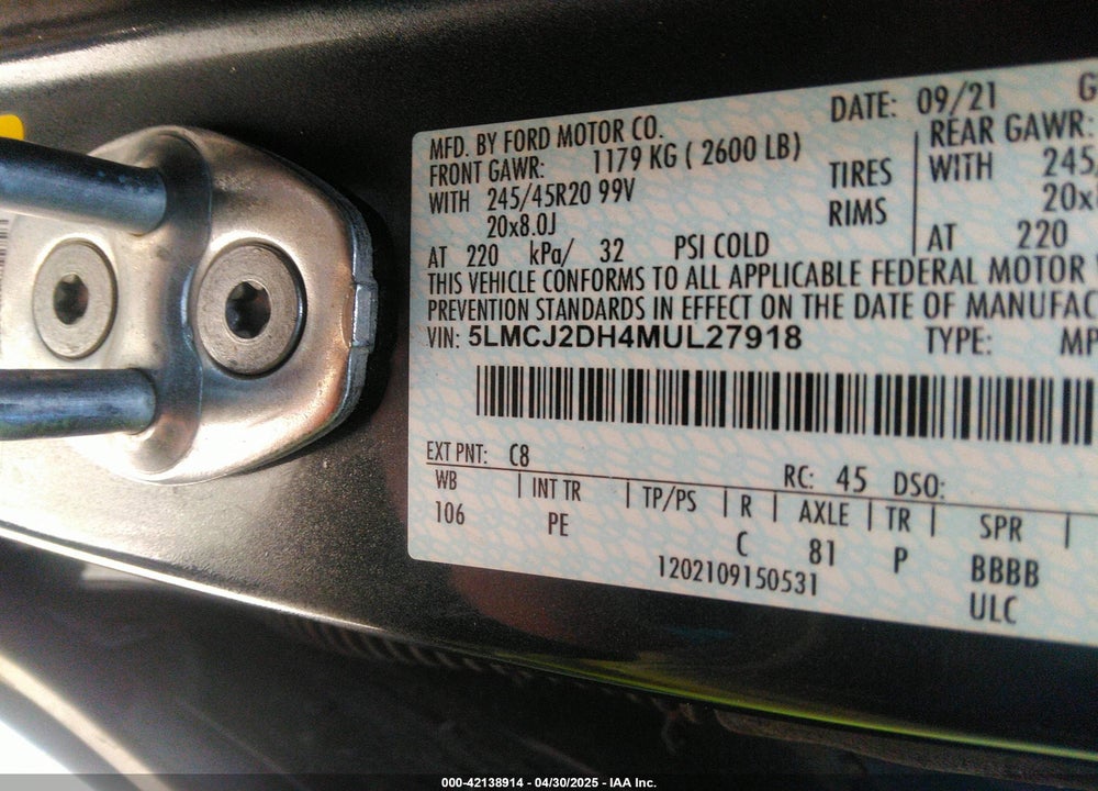 2021 LINCOLN CORSAIR VIN: 5LMCJ2DH4MUL27918