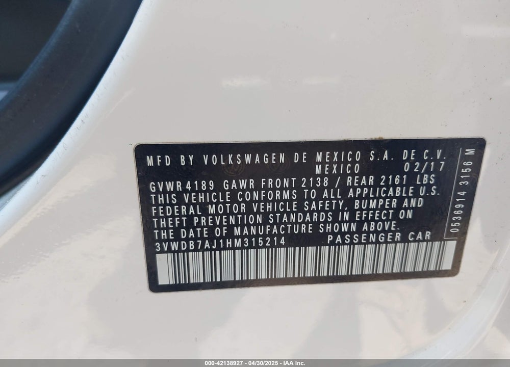 2017 VOLKSWAGEN JETTA VIN: 3VWDB7AJ1HM315214