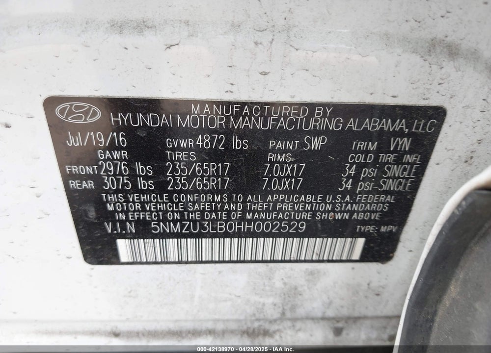 2017 HYUNDAI SANTA FE SPORT VIN: 5NMZU3LB0HH002529