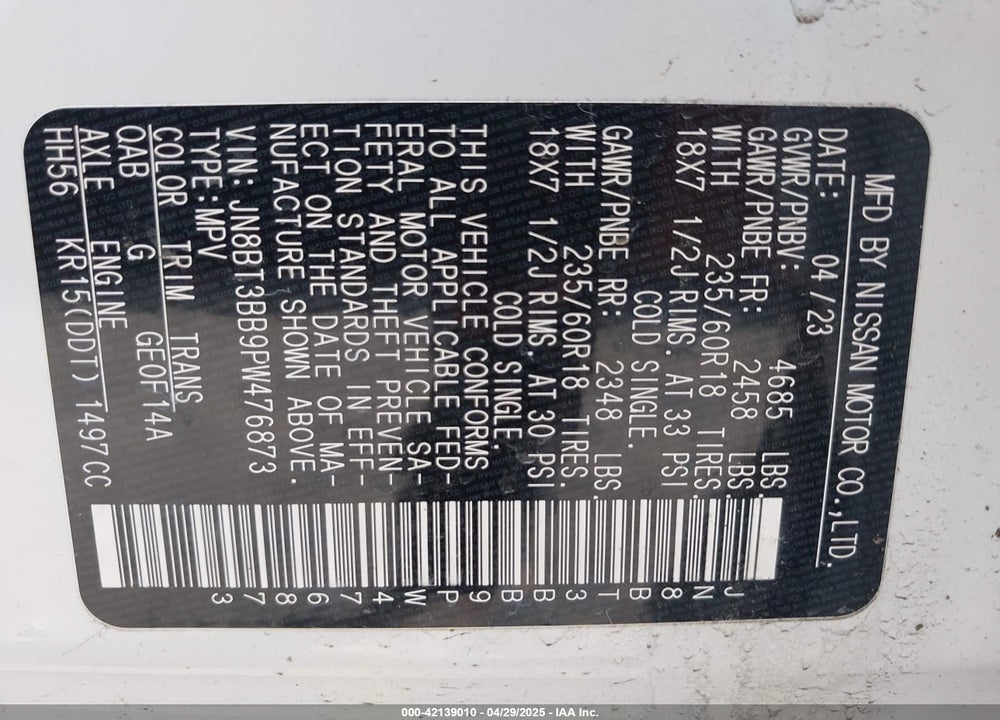 2023 NISSAN ROGUE VIN: JN8BT3BB9PW476873