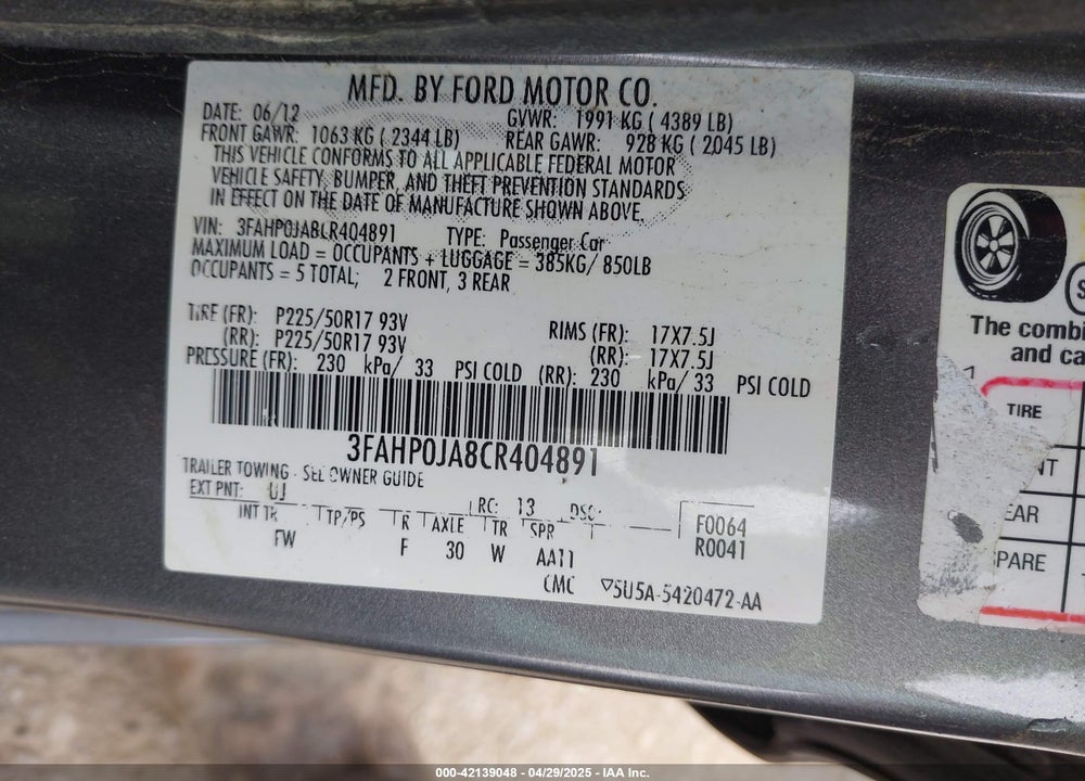 2012 FORD FUSION SEL VIN: 3FAHP0JA8CR404891