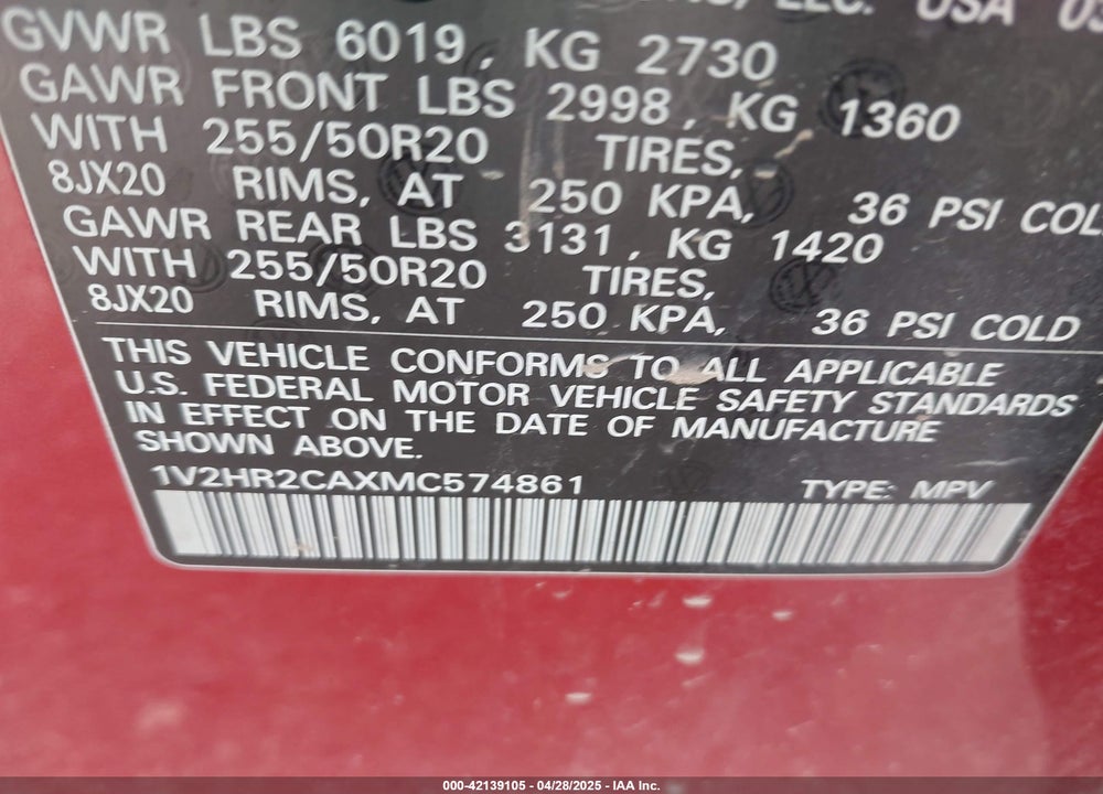 2021 VOLKSWAGEN ATLAS 3.6L V6 SE W/TECHNOLOGY VIN: 1V2HR2CAXMC574861