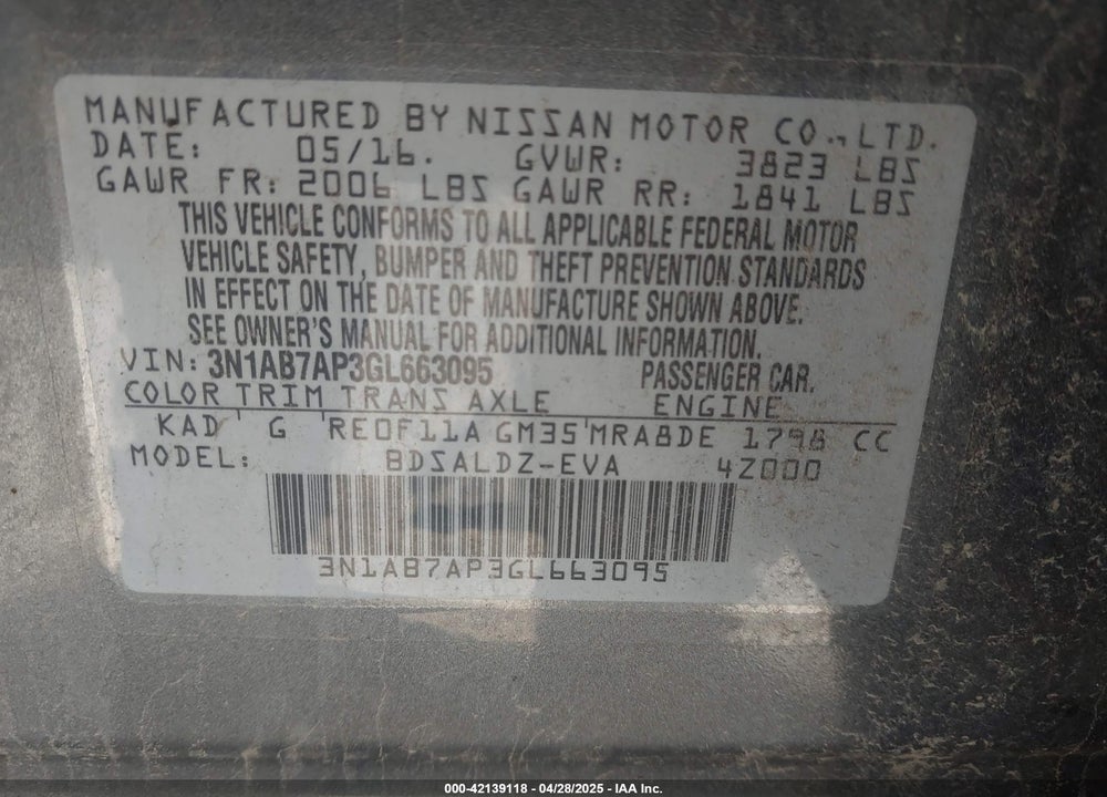 2016 NISSAN SENTRA VIN: 3N1AB7AP3GL663095