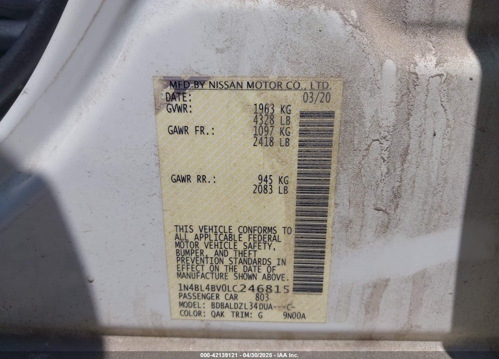 2020 NISSAN ALTIMA S FWD VIN: 1N4BL4BV0LC246815