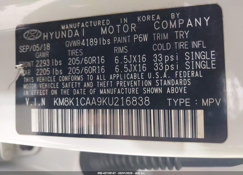 2019 HYUNDAI KONA VIN: KM8K1CAA9KU216838