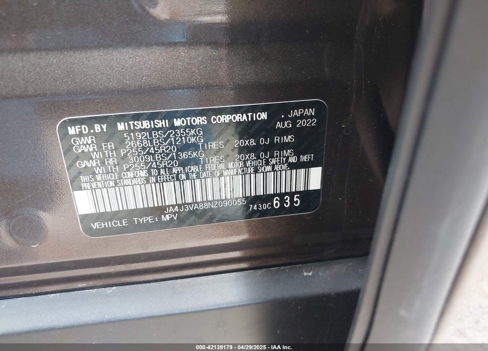 2022 MITSUBISHI OUTLANDER VIN: JA4J3VA88NZ090055