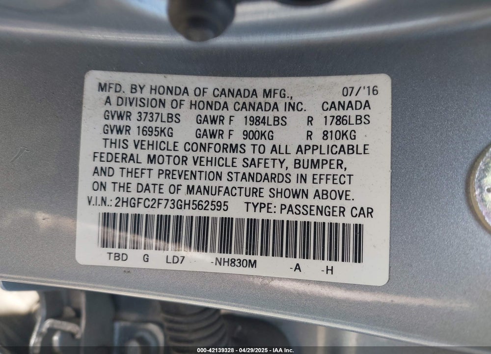 2016 HONDA CIVIC EX VIN: 2HGFC2F73GH562595