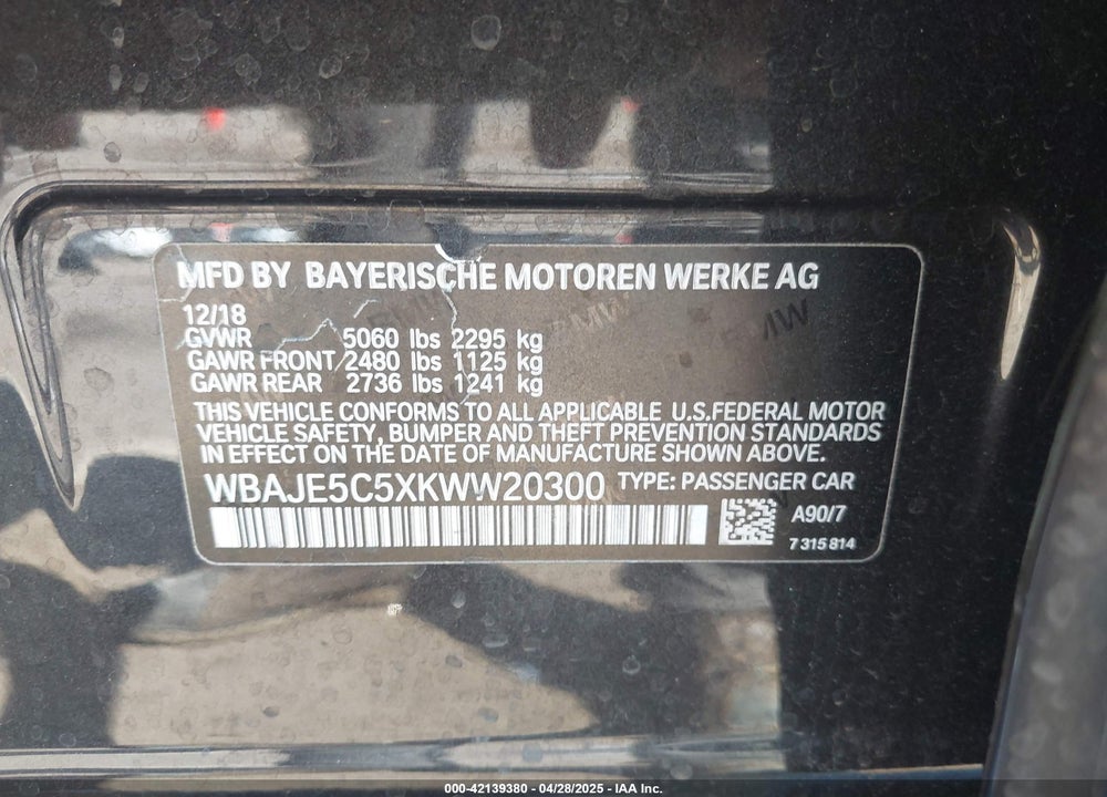 2019 BMW 540I VIN: WBAJE5C5XKWW20300