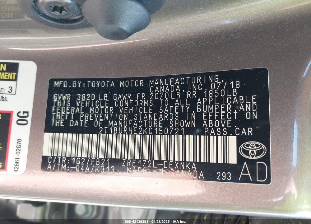 2019 TOYOTA COROLLA VIN: 2T1BURHE2KC150721