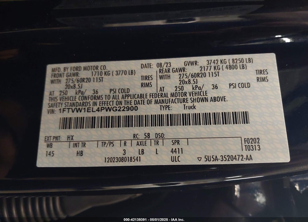 2023 FORD F-150 LIGHTNING LARIAT VIN: 1FTVW1EL4PWG22900