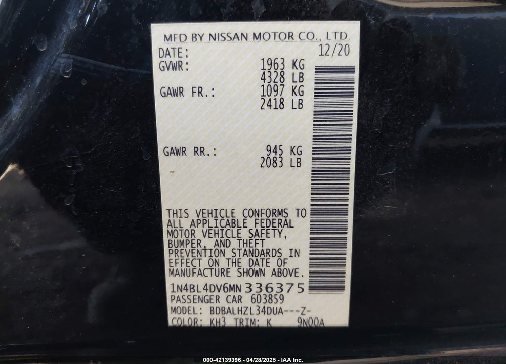 2021 NISSAN ALTIMA VIN: 1N4BL4DV6MN336375
