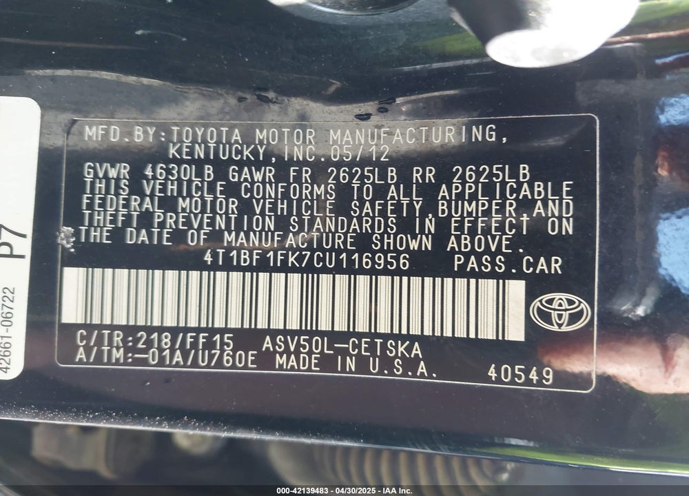 2012 TOYOTA CAMRY SE VIN: 4T1BF1FK7CU116956