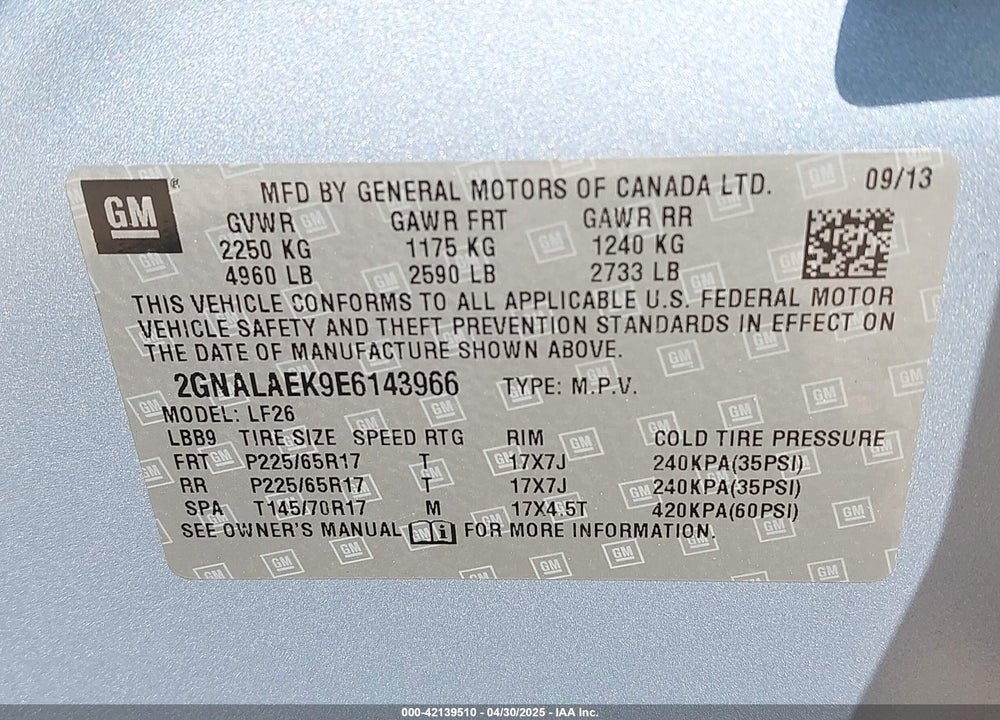 2014 CHEVROLET EQUINOX LS VIN: 2GNALAEK9E6143966