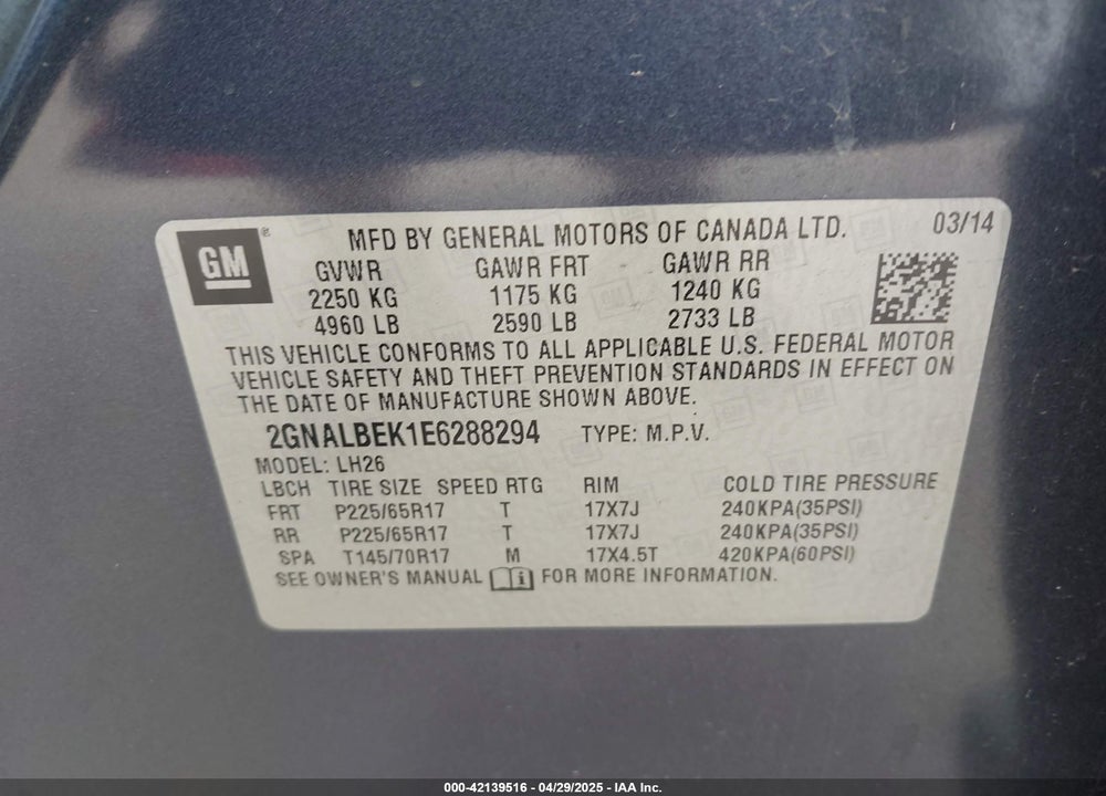 2014 CHEVROLET EQUINOX 1LT VIN: 2GNALBEK1E6288294