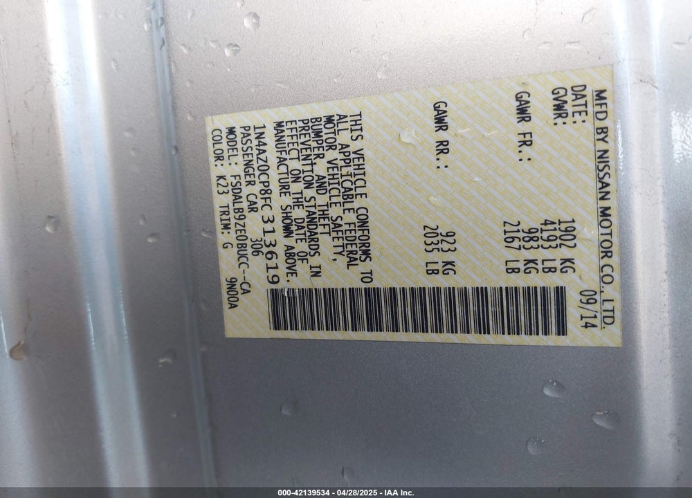 2015 NISSAN LEAF S VIN: 1N4AZ0CP8FC313619