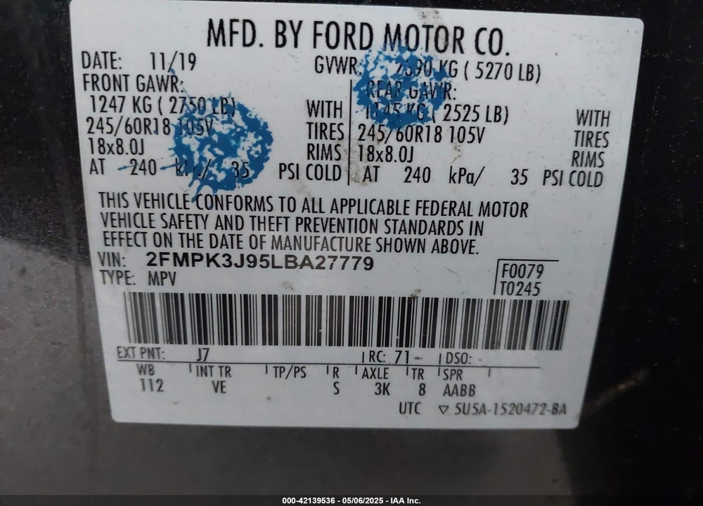 2020 FORD EDGE SEL VIN: 2FMPK3J95LBA27779