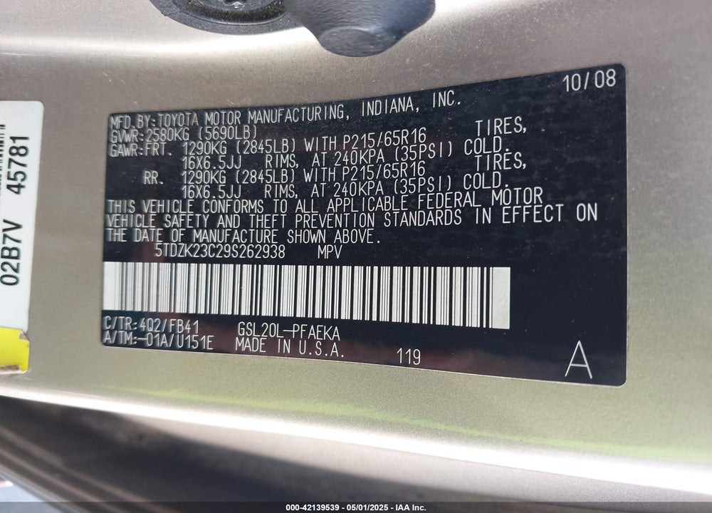 2009 TOYOTA SIENNA VIN: 5TDZK23C29S262938