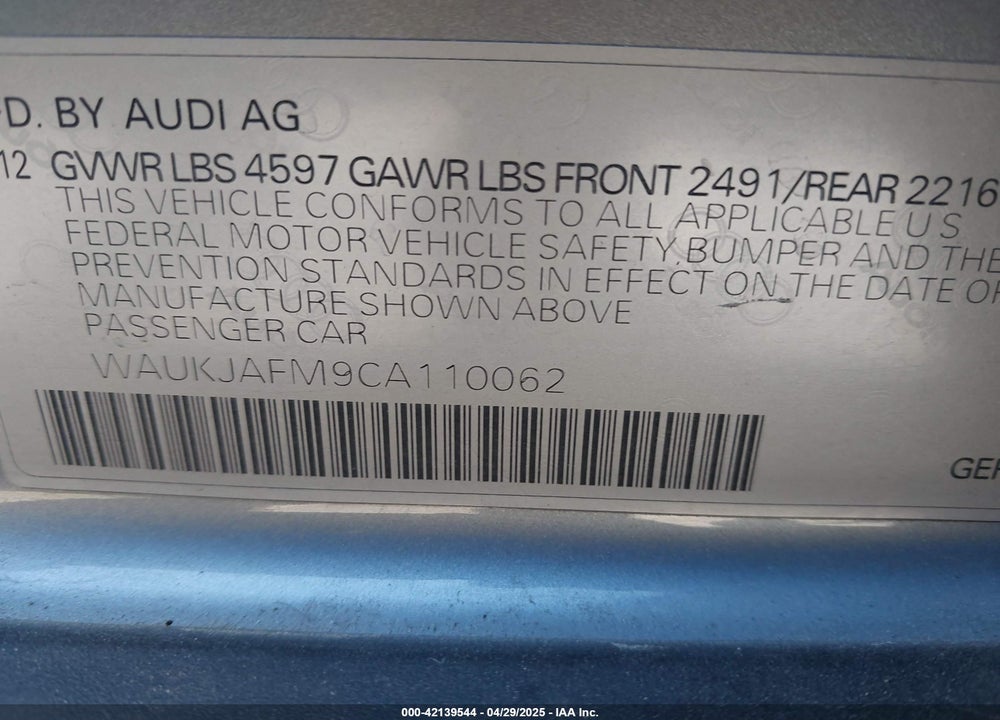 2012 AUDI A3 2.0 TDI PREMIUM VIN: WAUKJAFM9CA110062