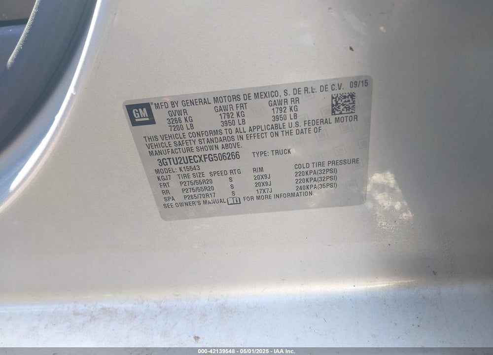 2015 GMC SIERRA 1500 SLE VIN: 3GTU2UECXFG506266