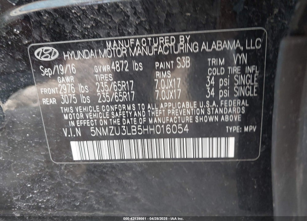 2017 HYUNDAI SANTA FE SPORT VIN: 5NMZU3LB5HH016054