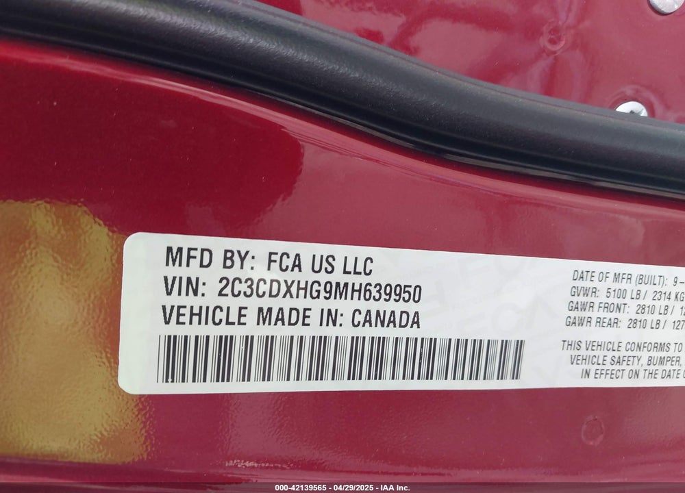 2021 DODGE CHARGER VIN: 2C3CDXHG9MH639950
