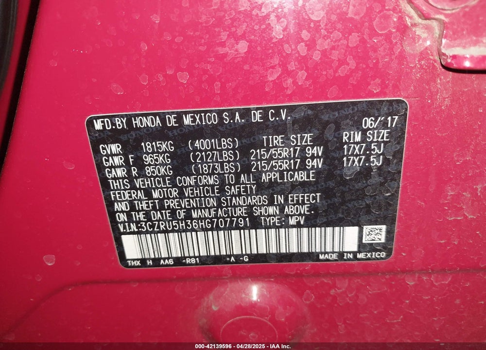 2017 HONDA HR-V LX VIN: 3CZRU5H36HG707791