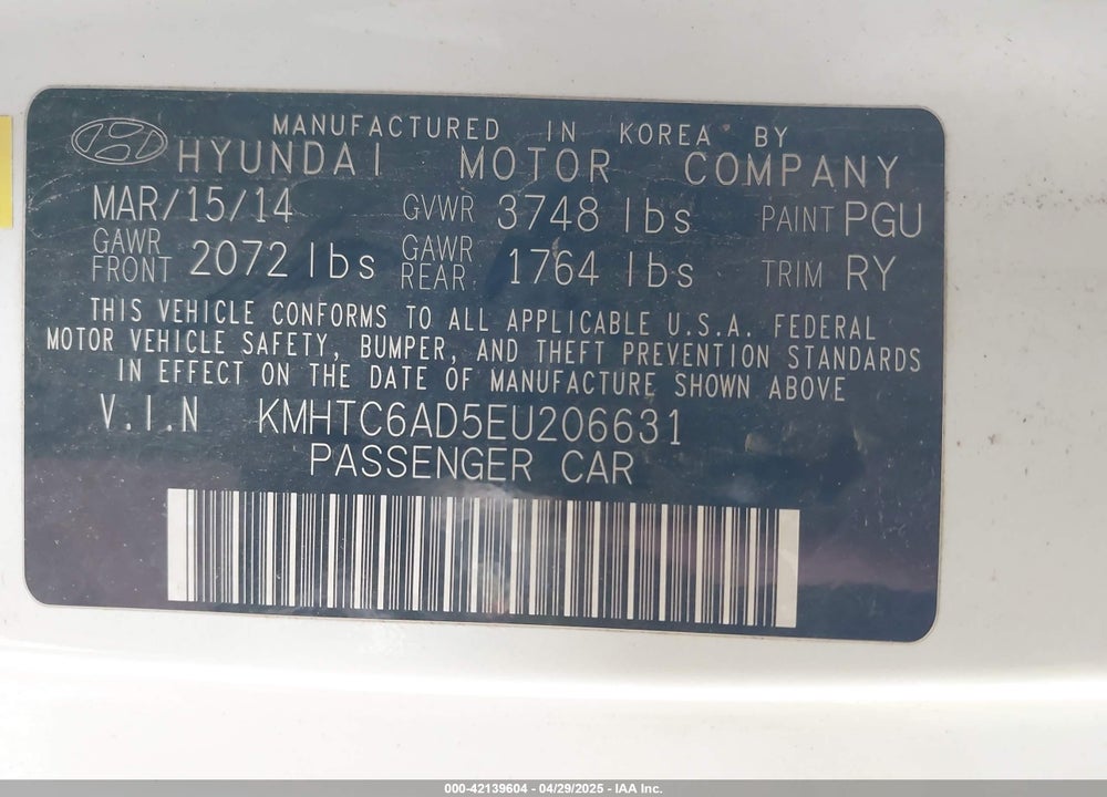 2014 HYUNDAI VELOSTER VIN: KMHTC6AD5EU206631