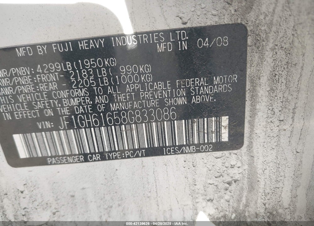 2008 SUBARU IMPREZA VIN: JF1GH61658G833086