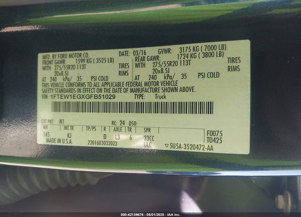 2016 FORD F-150 VIN: 1FTEW1EGXGFB51029