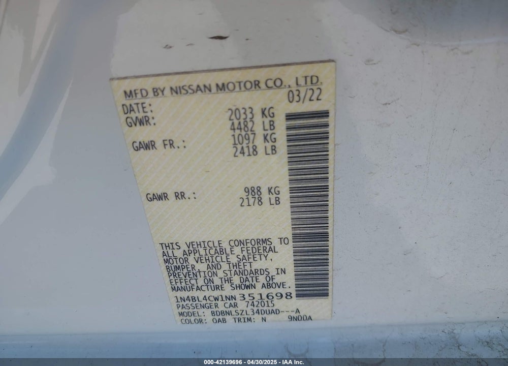 2022 NISSAN ALTIMA SR INTELLIGENT AWD VIN: 1N4BL4CW1NN351698