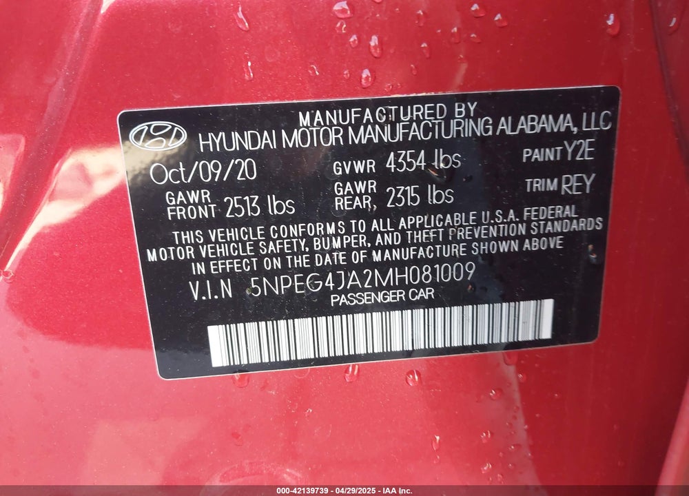 2021 HYUNDAI SONATA VIN: 5NPEG4JA2MH081009