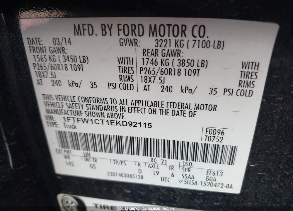 2014 FORD F-150 XLT VIN: 1FTFW1CT1EKD92115