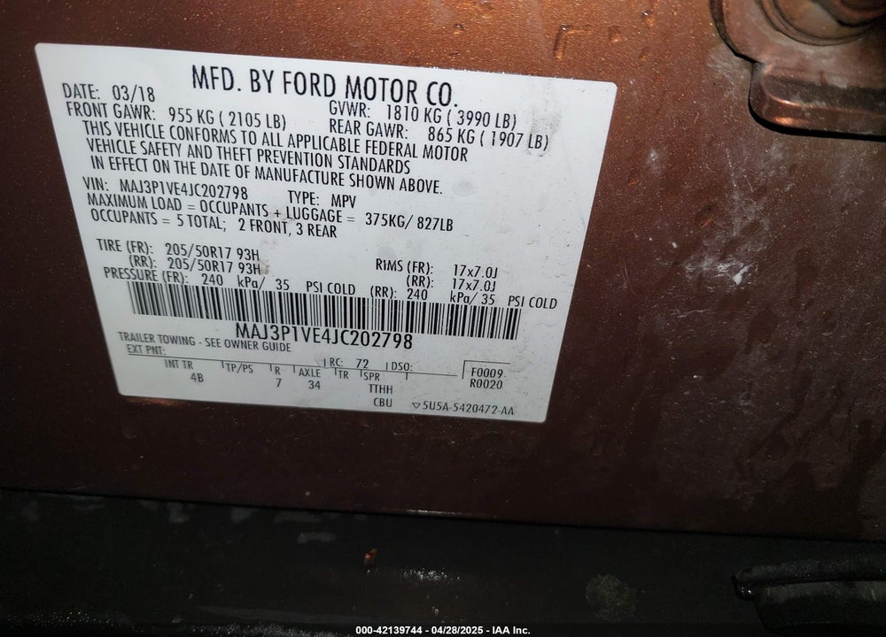 2018 FORD ECOSPORT TITANIUM VIN: MAJ3P1VE4JC202798