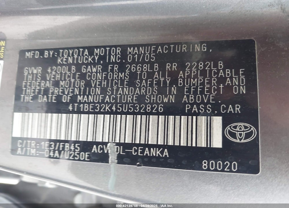2005 TOYOTA CAMRY LE VIN: 4T1BE32K45U532826
