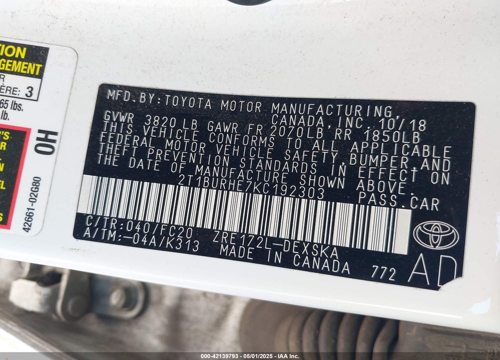 2019 TOYOTA COROLLA VIN: 2T1BURHE7KC192303