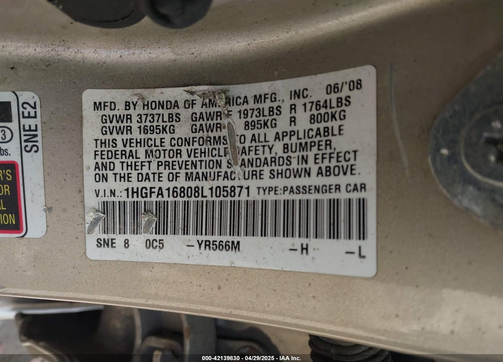 2008 HONDA CIVIC VIN: 1HGFA16808L105871