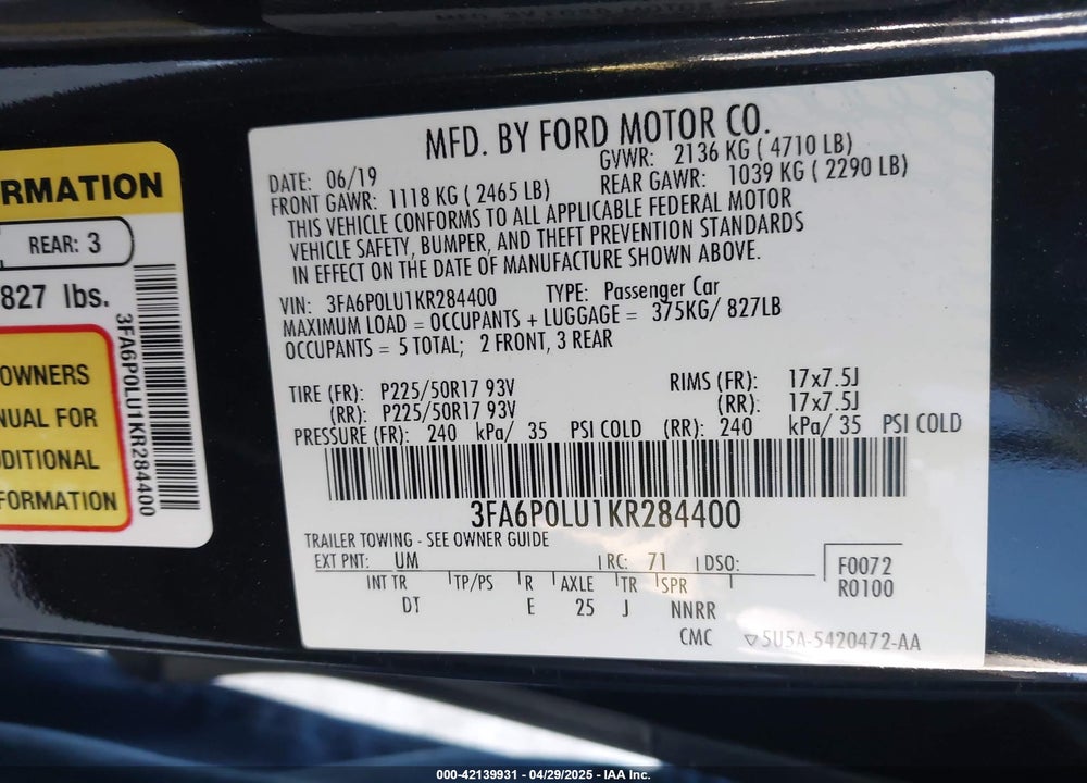 2019 FORD FUSION HYBRID SE VIN: 3FA6P0LU1KR284400