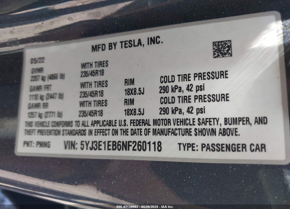 2022 TESLA MODEL 3 VIN: 5YJ3E1EB6NF260118