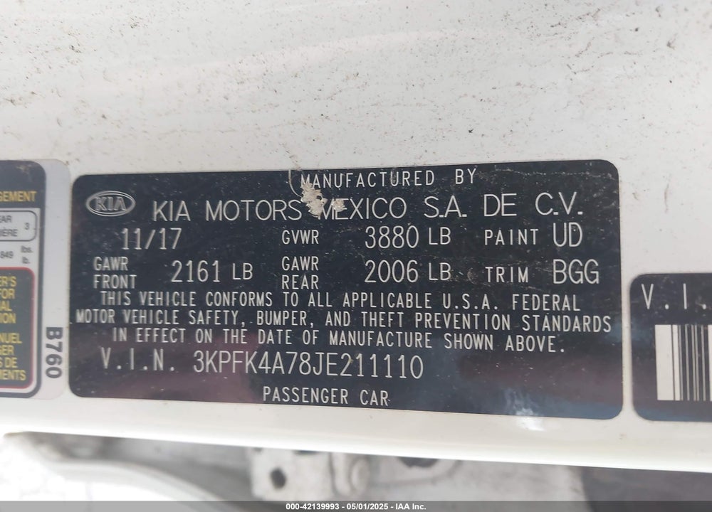 2018 KIA FORTE VIN: 3KPFK4A78JE211110