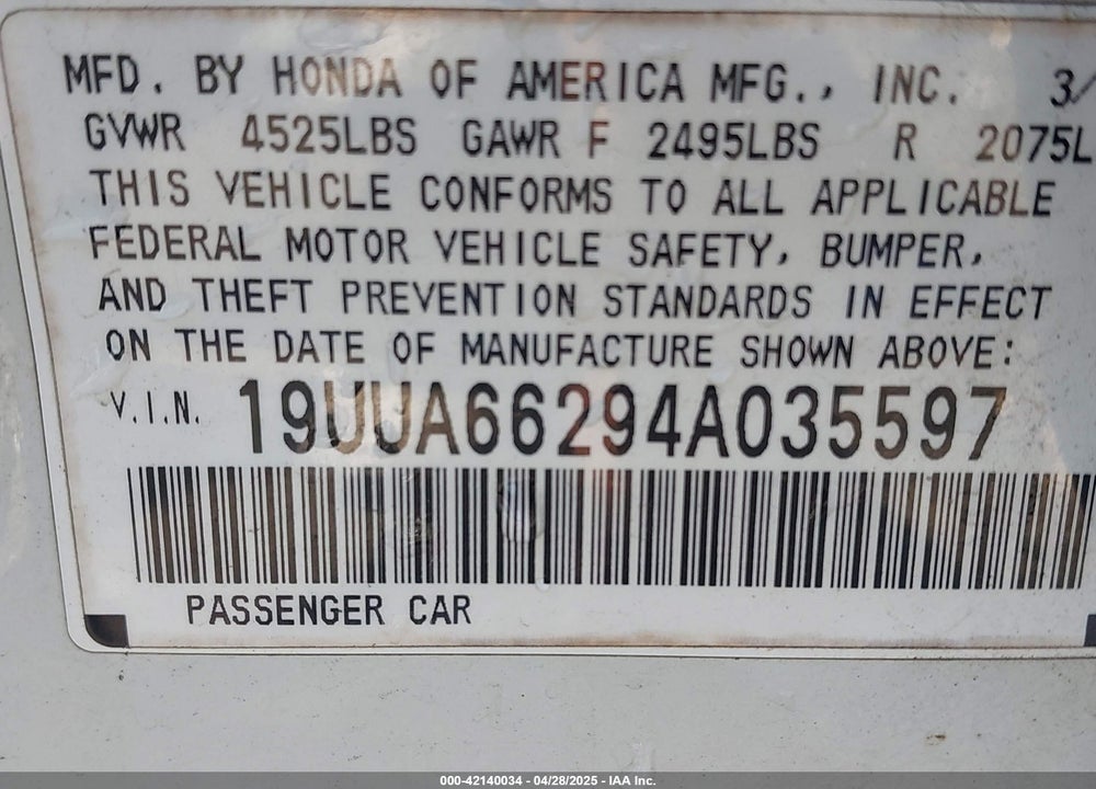 2004 ACURA TL VIN: 19UUA66294A035597
