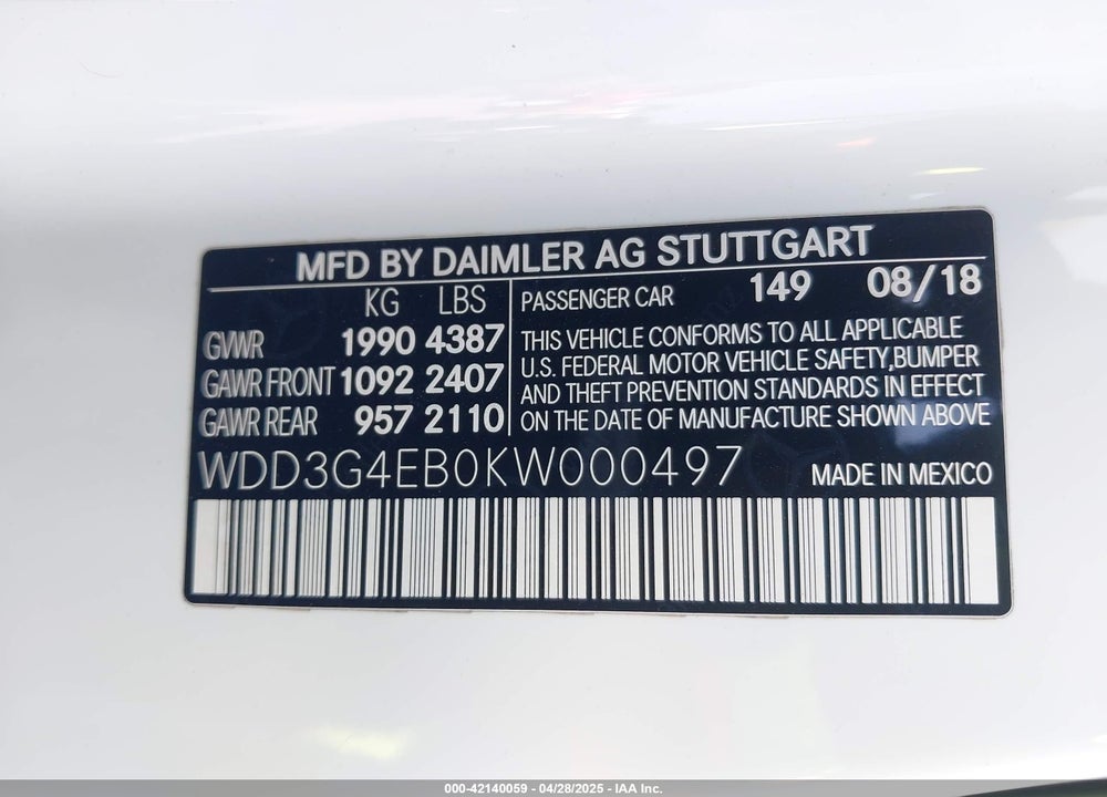 2019 MERCEDES-BENZ A-CLASS VIN: WDD3G4EB0KW000497