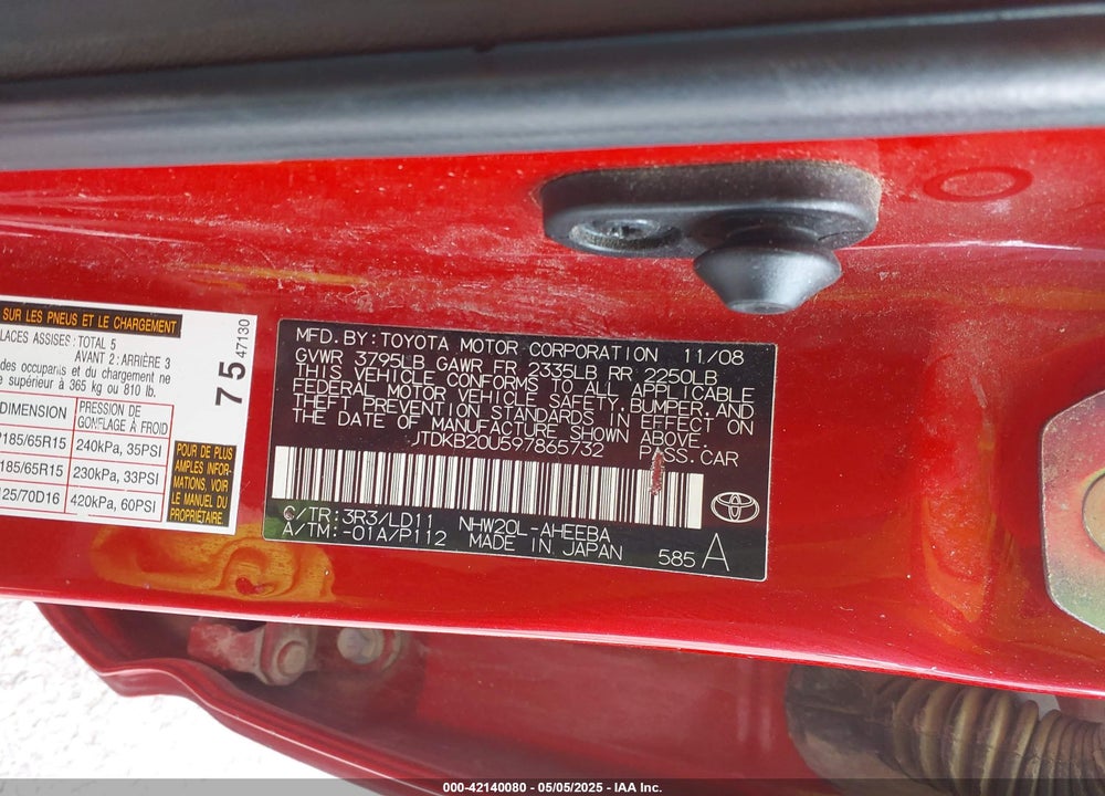 2009 TOYOTA PRIUS VIN: JTDKB20U597865732